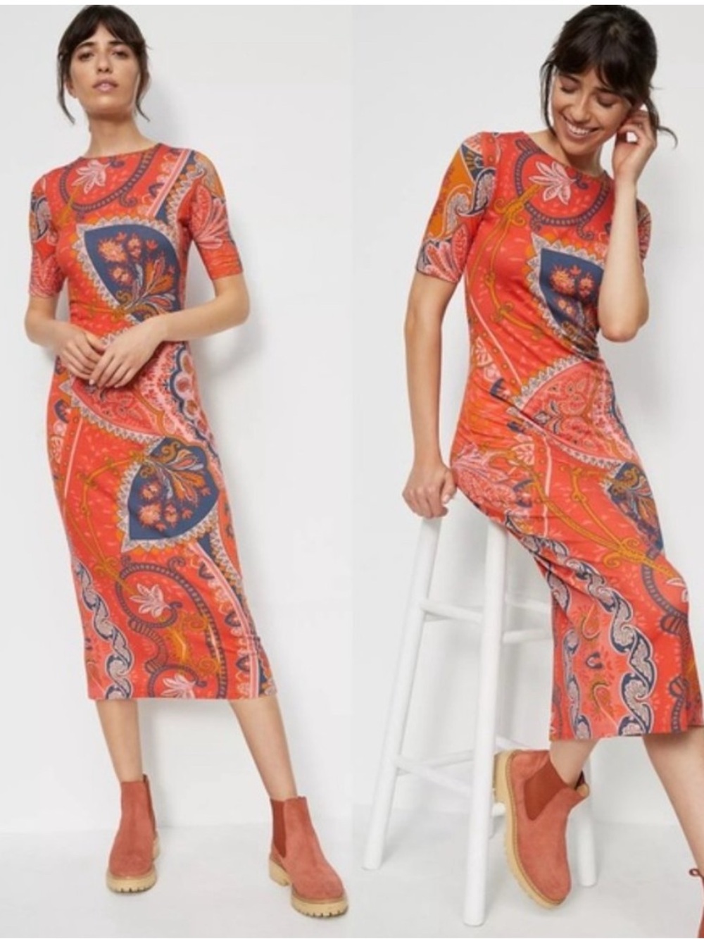 Farm Rio Orange Blue Printed Giannina Midi Dress- Size Small